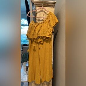 Mustard yellow linen set with one shoulder top and pants